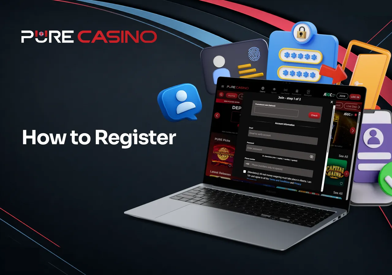 The registration form shows the steps to create a new Pure Casino account.